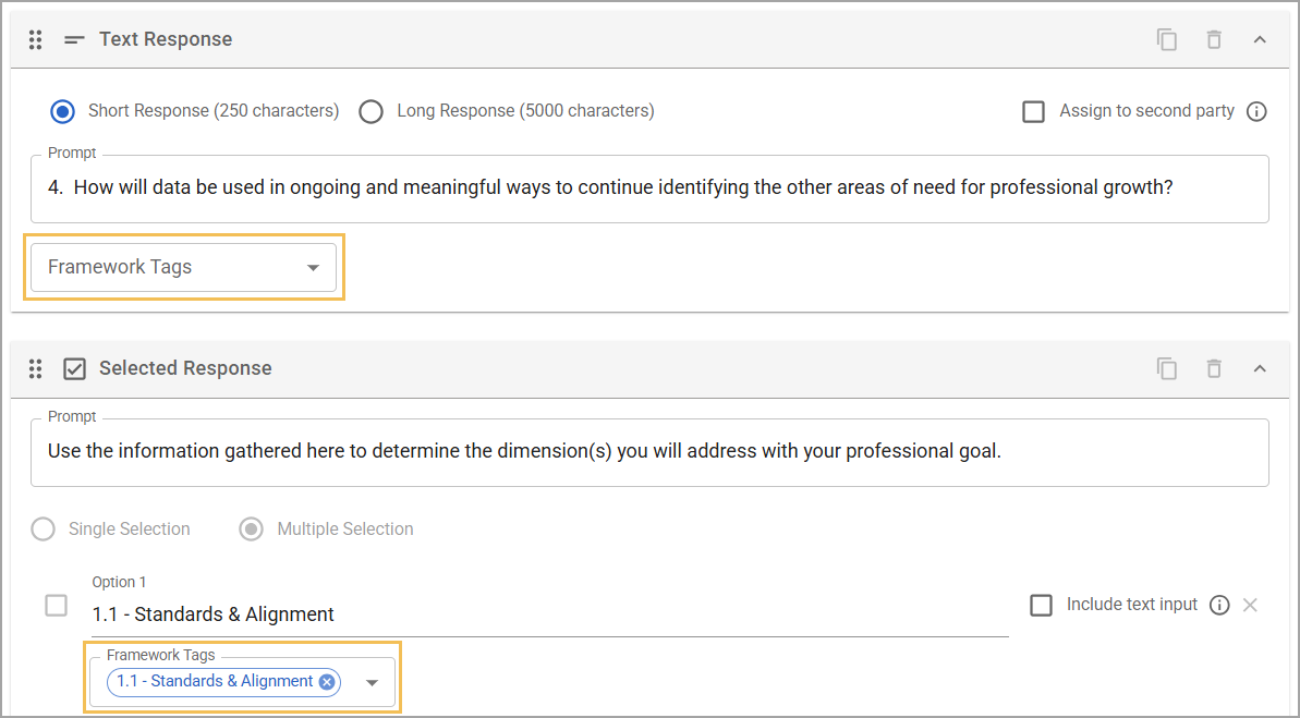 Response items showing framework tags users can apply.